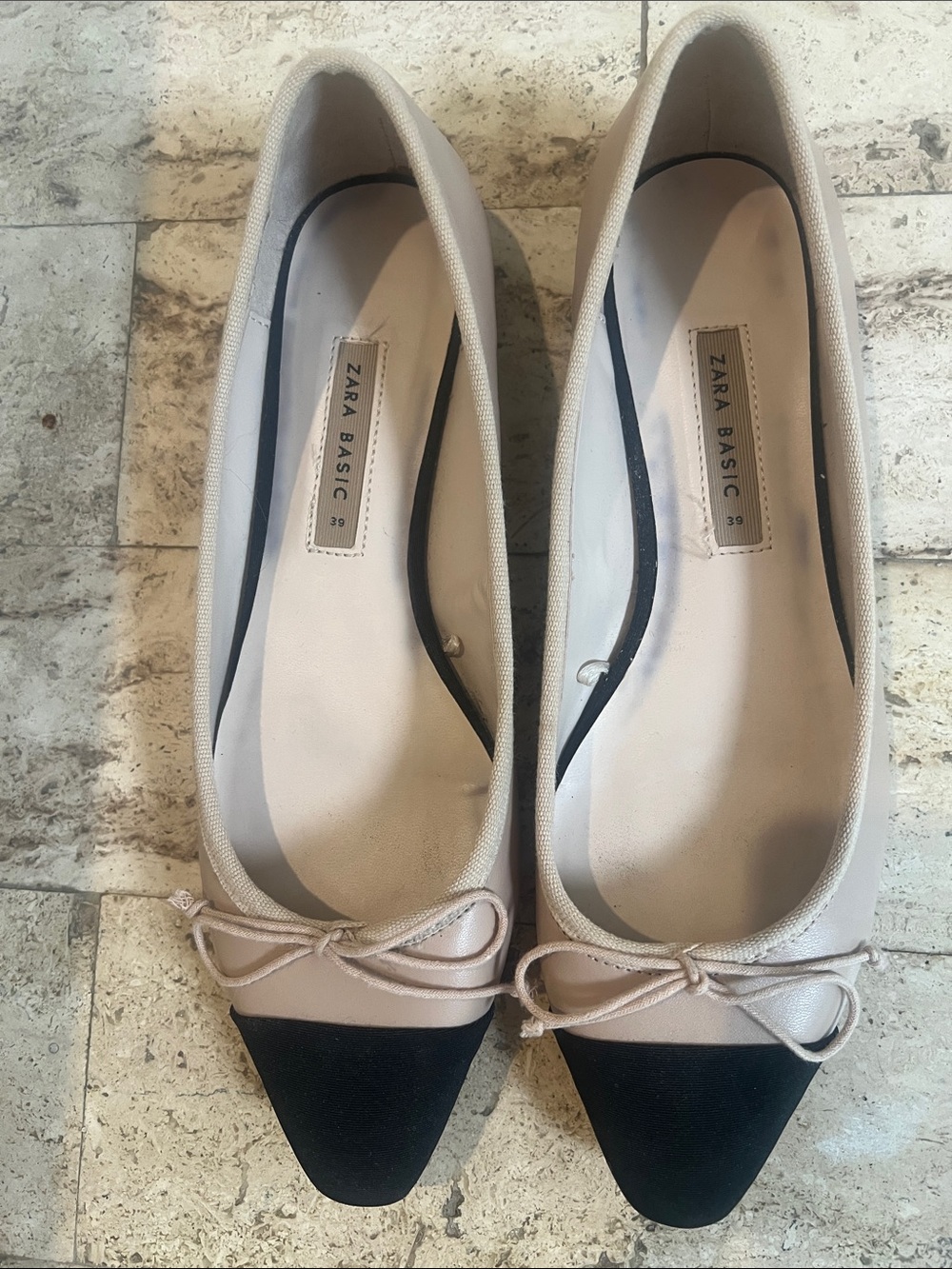 Zara Two-Tone Cream and Black Pointed Toe Ballet Flats
